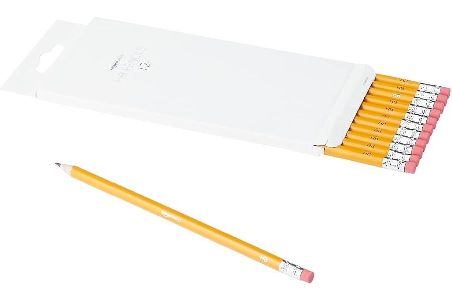 Amazon Basics Lápices HB de grafito con recubrimiento de madera, preafilados, sin manchas, punta de goma de borrar, escuela, 