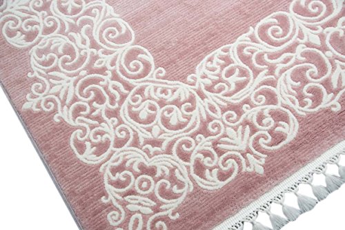 Designer Teppich Moderner Teppich Wollteppich Bordüre Design mit Fransen Wohnzimmer Teppich Rosa Creme Größe 80 x 300 cm - 2