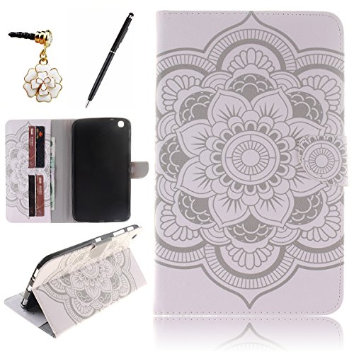 HB-Int 3 in 1 PU Leder Hülle für Samsung Galaxy Tab 3 SM-T310 T311 T315 8.0" Brieftasche Etui Stand Funktion Flip Wallet Case Kartenfächer Book Style Cover Elegant Weiß Blumen Multifunction Modicsh Holder Tablet Schutzhülle Magnetverschluss Dünn Slim Bumper Zubehör mit Stylus Pen und Staub Stecker