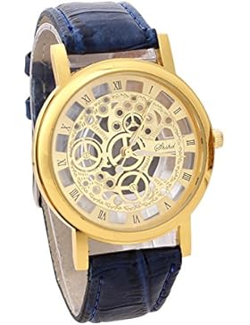 Armbanduhr - SODIAL(R)Damen Herren Skelett Uhr Kunstleder Armband Analog Quarz Armbanduhr Sport Blau band & Gold...