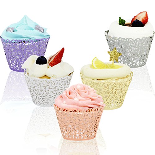 Tomnk 100 Stück Spitze Kuchen Pappbecher Cupcake Verpackungen Kuchenverpackung, für Hochzeit Geburtstag Party Baby Dusche Dekoration( 5 Farben )