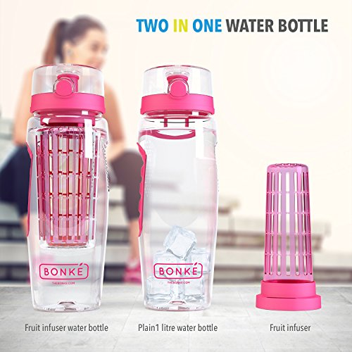Bonke Trinkflasche für Fruchtschorlen – Große 1 Liter BPA-freie Sportflasche – Wasserflasche mit Gummigriff und extra sicherem Verschlusssystem – 1 Jahr Garantie - 2