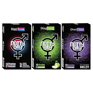 NOTTY BOY Condom - Ribbed, Dotted, Contoured, Climax Delay and Green Apple Flavoured Condom - (3x10s)