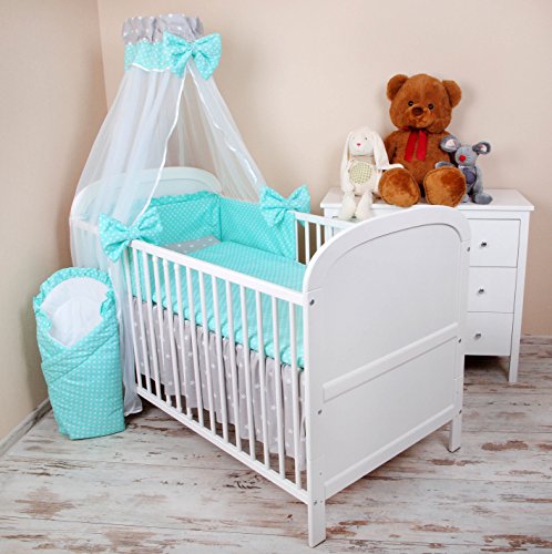 Baby Bettwäsche 5tlg Bettset mit Nestchen Kinderbettwäsche Himmel 100x135cm Sternchen grau/Pünktchen Türkis Chiffonhimmel