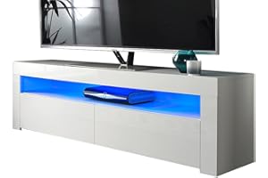 MMT FURNITURE DESIGNS LTD TV Stand Cabinet White with Lights RG1550 for 42" 55" 65"TV's 155cm Wide, Sound Bar Shelf, by MMT