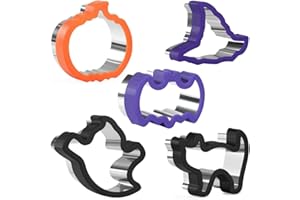 CRETHINKATY 5 Pieces Halloween Cookie Cutters,Stainless Steel Biscuit Cutters with Comfort Grip,Sandwich Cutter Set for Baking-Pumpkin,Bat,Ghost,Cat,Wizard Ha