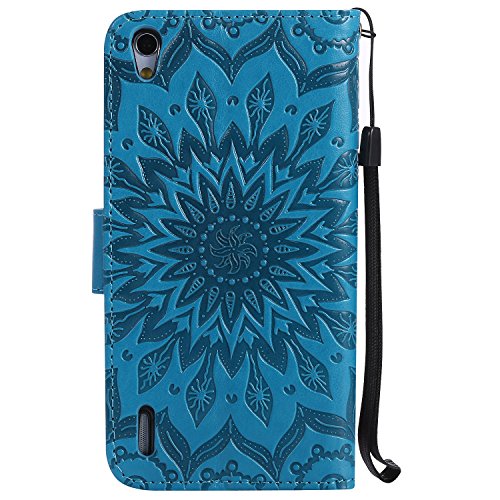 Ascend P7 Hülle,Huawei P7 Hülle,Huawei Ascend P7 Hülle,Huawei Ascend P7 Leder Wallet Tasche Brieftasche Schutzhülle,Cozy Hut® Prägung Sunflower Muster PU Lederhülle Flip Hülle im Bookstyle Cover Schale Stand Ständer Etui Karten Slot Schutzhülle Blue Tasche Wallet Case für Huawei Ascend P7 (5,0 Zoll) – blau - 2