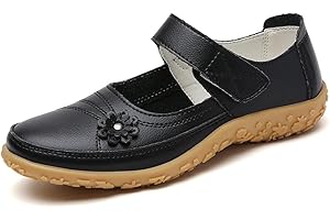VLOOKST Womens Leather Mary Janes Ladies Fit Flat Shoes Comfort Casual Work Office Nursing Sandals