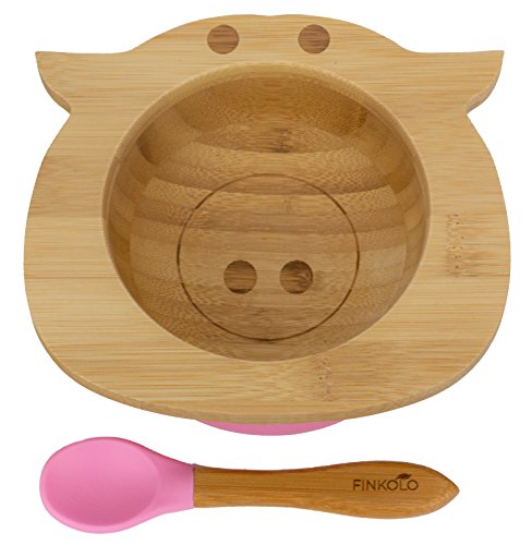 Bol Ventouse pour Bébé et Cuillère en Bambou Naturel | Forme Cochon | L'Original 'Bambol' par Finkolo | Vaisselle Apprentissage | Coffret Repas Assiette