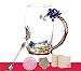 Produktbild Emaille-Glas Becher: Kristall-Glas Tasse mit Emaillöffel (370ml - Blau Rose), Rutschfester Untersetzer & Tuch - Kunst Handwerk Glas Becher Teeglas Kaffeeglas Set in einer luxuriösen Geschenkbox