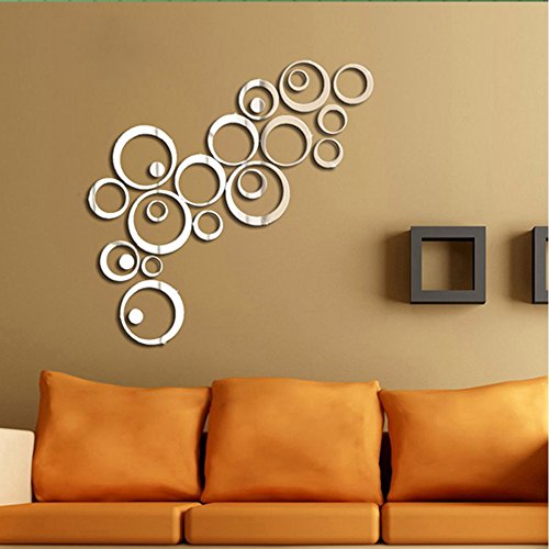 Moderne Kreis Spiegel 3D Spiegel Wandtattoo Wanddeko Wanddekoration Zimmer Aufkleber Spiegeleffekt mit Wischtuch aus Mikrofaser (rund, silber)
