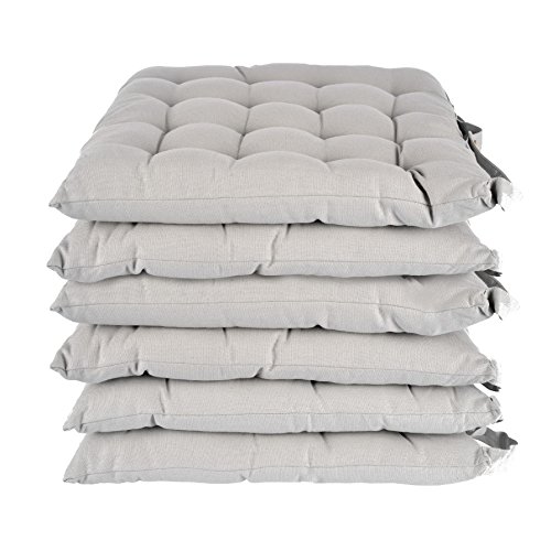 Homescapes Stuhlkissen 40x40 cm 6er Set grau Stuhlauflage mit Bändern und Knopfverschluss Bezug 100% Baumwolle mit Polyester Füllung