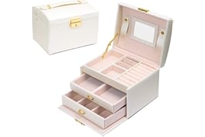 E-MANIS Boîte à bijoux Coffret pour bijoux à montre à maquillage,bijoux et cosmétique beauty Case,Doublure en velours,Affichage étui de rangement avec serrure et clé,Bonne idée Cadeau (Blanc)