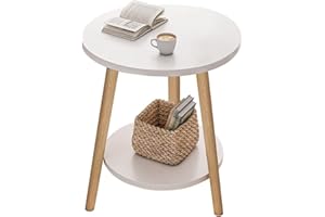 KZOBYD Side Table with 2 Shelves, Round Coffee Table with Storage Space, 2 Levels Sofa Table with Round Shelves, Wooden Bedside Table with Steel Frame, 38 x 55 cm (without Charging Station, White)