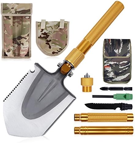 Portable Military Folding Shovel, Ruipye Multifunctional Collapsible Tactical Entrenching Tool Gardening Snow Army Camping Shovel with Carrying Pouch for Camping Backpacking Hiking-37Inch Golden