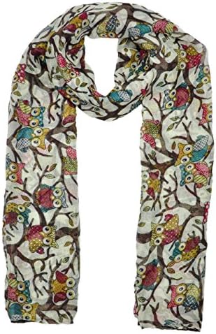 Ladies Women's Owl on Branch Print Scarf Wraps Shawl Soft Scarves (sc17-cream)