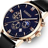 KASHIDUN Herrenuhren Edelstahl Schwarz Klassische Business Casual Uhren mit Mondphase Wasserdichte Multifunktions Quarz Armbanduhr für Herren (A-Black1)
