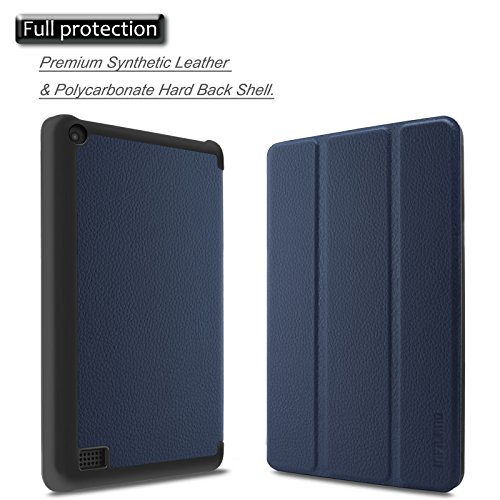 Amazon Fire 7-Hülle (7-Zoll-Tablet, 7. Generation – 2017) – Infiland Ultra Dünn Tri-Fold Muschel PU Leder Ultra Schlank Superleicht Ständer Shell Cover Schutzhülle Etui Tasche für Das neue Fire 7 (2017), 17,7 cm (7 Zoll) Display Tablet(Dunkleblau) - 2