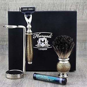 Haryali London 4Pc Mens Shaving Kit 3 Edge Razor, Black Badger Hair Brush, Stand and Alum - Image 3