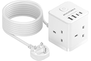 ROOTOMA Extension Lead 5M with USB Slots, 3 Way Cube Power Extension with 4 USB (5V/3.1A 15.5W), Small Tower Extension Lead for Home, Office, Dorm Room, 13A/3250W