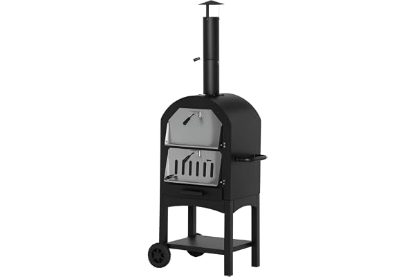 Outsunny Four à Pizza extérieur au Charbon de Bois - Barbecue sur roulettes - Four à Bois - Pierre réfractaire - cheminée, jauge température - Acier au Carbone Noir Gris