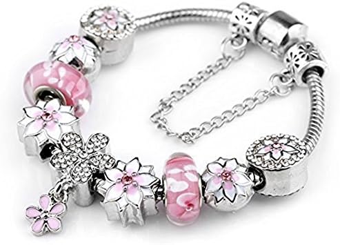 Fashion Pink Bracelet Magnolia Peach Flower String Bracelet for Women Girls Chain Charm Bracelet (diameter-7.5")