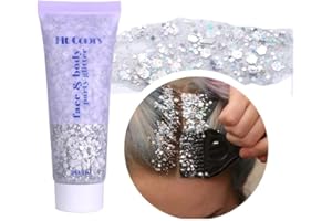 Beliky Girl Body Glitter Gel, 50ML Face Glitters Body Gel Sequins Shimmer Liquid Eyeshadow, Mermaid Sequins Liquid Holographic Glitter Gel, Chunky Glitter for Face Hair Nails (Silver)