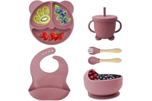 Eliano 6-teiliges Silikon Baby Geschirr Set – BPA-frei – Rutschfester Teller & Schüssel, Lätzchen, Trinklernbecher mit Strohhalm & Besteck – Baby Led Weaning Set (Rot)