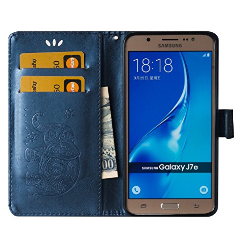 Galaxy J7 2016 Hülle, Ukayfe Lederhülle Leder Tasche Case Cover für Samsung Galaxy J7 2016 Handyhülle im Buchstyle,Prägung Elefant Muster Premium Kunstleder Tasche Flip Wallet Case mit Standfunktion Karteneinschub und Magnetverschluß Etui Schutz Hülle für Samsung Galaxy J7 2016 (Blau) - 3