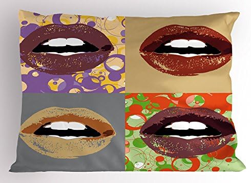Kiss Pillow Sham, Dark Colored Lipstick on Different and Abstract Frames Pop Art Inspired Girlie Design, Decorative Standard King Size Printed Pillowcase, 20X30 Inches, Multicolor