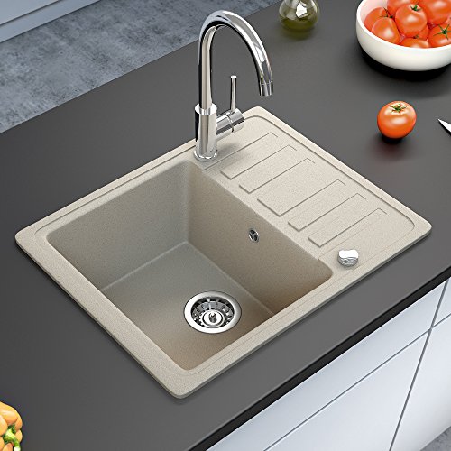 Spüle Granitspüle Küchenspüle Einbauspüle Auflage 575 x 460 mm eckig kleine Ablage Spülbecken + Drehexcenter + Siphon (Beige (111)) - 4
