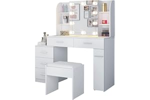 Senvoziii Schminktisch mit Glühbirnen & Schiebespiegel, Weiß Eitelkeits Make-up Tisch Set mit 5 Schubladen 6 Regalen, Modernes Frisiertisch Kosmetiktisch Hocker für Mädchen Frauen, Schlafzimmermöbel