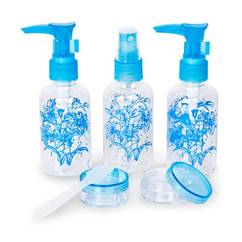 5Pcs Empty Plastic Pump Lotion Bottles 80ml + Spray Bottles 80ml + Facial Cream Mask Container 20g for Travel Makeup Perfume Liquid Lotion Cream Mask---Blue and Clear