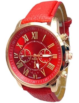 FEITONG Damenuhr Stilvolle Ziffern Kunstleder Analoge Quarz Armbanduhr Rot