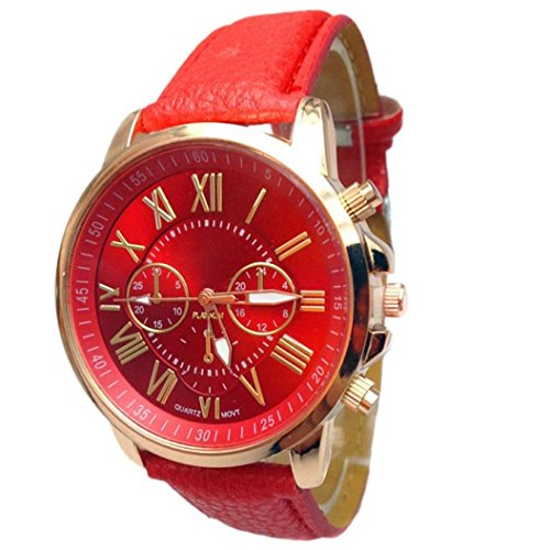 FEITONG Damenuhr Stilvolle Ziffern Kunstleder Analoge Quarz Armbanduhr Rot FEITONG Damenuhr Stilvolle Ziffern Kunstleder Analoge Quarz Armbanduhr Rot