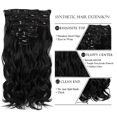 Neverland 22 Inch 7 Pcs 16 Clips in Full Head Hair Extensions Wavy Curly Hairpiece Costume Wig for Cosplay Party  Natural Black 