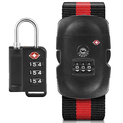 Cinghia per Bagagli, BEZTM Cintura per Valigia con Lucchetto TSA 3 Cifre Numero Combinazione, Cinture Regolabile per Sicurezza Aeroportuale e Identificazione Bagaglio - Nero e Rosso