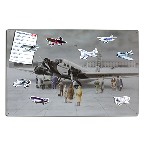 Magnettafel Flugzeug – Historische Design Metall Magnetpinnwand 60x40 cm – Memoboard Pinnwand mit Motiv: Flugzeug Junkers JU 52 – inkl. 8 Magnete Flugzeuge für Magnetwand - Original GUMA Magneticum®