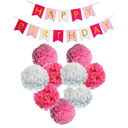 Papier Pom Poms Paper Flowers mit Lovely Happy Birthday Banner, Hot Pink, Light Pink, Weiß, Geburtstagsdeko
