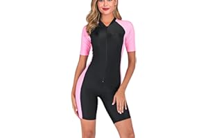 YEESAM Badeanzug Damen mit Bein, Badeanzüge Kurzarm Cups Einteiler Badeanzug Reißverschluss vorn Sport Bademode Modest Bauchweg