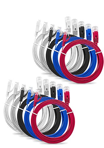 MultiKabel Flachbandkabel 2m CAT6 RJ45 Ethernet Lan NetzwerkKabel Patchkabel flach - "Mehrfarbige 10er Pack" 2 meter + 15 Kabelbinder