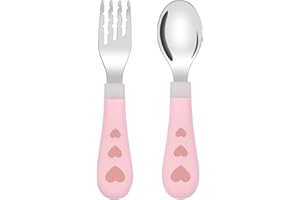 Vicloon Tenedor y Cuchara de Acero Inoxidable para Niños, Cubiertos Infantilescon Caja Antipolvo,Utensilios para Niños Pequeños Tenedor y Cuchara para bebe… (corazón rosa)