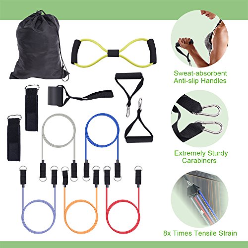 WOLFWILL Elastisch 12pcs Gymnastikbänder Übungsband Wiederstandband Fitnessbänder Set mit Griffe ideal für Sport Training Yoga Heimfitness - 2
