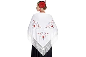 JORXG Mantón de Manila bordado de flor colores liso para mujer niña, Manton de Flamenco para el Vestido de Feria, Sevillana o Flamenca Color Negro Rojo Blanco Rosa Azul