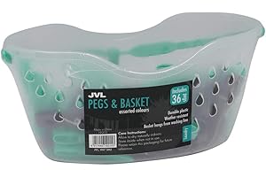 JVL Peg Basket with Built-In Attachable Clothes Hook Line with 36 Coloured Pegs