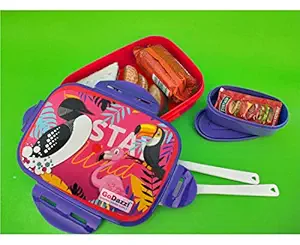 GoDazzl Airtight Lock and Fit Lunch Box for Kids with Extra Curry Container, Cartoon Print Tiffin Snack Box with Fork and Spoon for Girls and Boys for School, Birthday Gift, Food Grade (Multi Color)