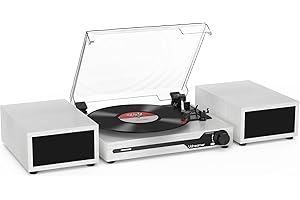 Udreamer Giradischi con 2 altoparlanti stereo doppio, giradischi vintage Bluetooth 5.3 supporta 3 velocità, AUX-In, RCA Line, USB, riproduzione wireless, bianco