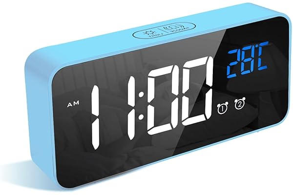 LATEC Reloj Despertador, LED Pantalla Reloj Despertador Digital con Espejo, Doble Alarma, Temperatura, Puerto de Carga USB, 10 Música, 4 Brillo Ajustable, 12/24H(Azul)
