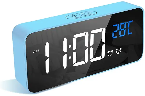 LATEC Reloj Despertador, LED Pantalla Reloj Despertador Digital con Espejo, Doble Alarma, Temperatura, Puerto de Carga USB, 10 Música, 4 Brillo Ajustable, 12/24H(Azul)