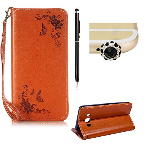 SKYXD Leder Hülle für Samsung Galaxy J5 2016 Rosen Blumen und Schmetterlings Muster,PU Folio Klappbar SchutzHülle [Brieftasche Kartenfach / Magnet / Standfunktion / Trageschlaufe] KlappHülle für mit [Krone Handyanhänger + Eingabestift] 3 in 1 Zubehör Set Handy Tasche Etui for für Samsung Galaxy J5 2016 J510FN Bookstyle Flip Case Leather Cover With [Stylus and Dust Plug]- Braun
